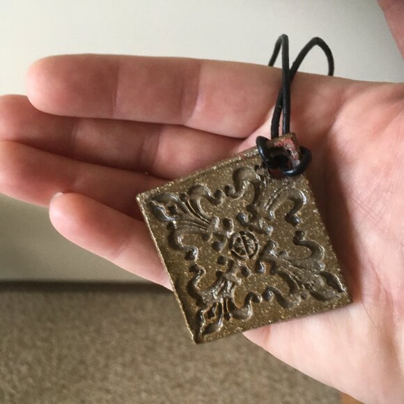 Terracotta Brown Ceramic Embossed Tile Necklace - Picture 1 of 7